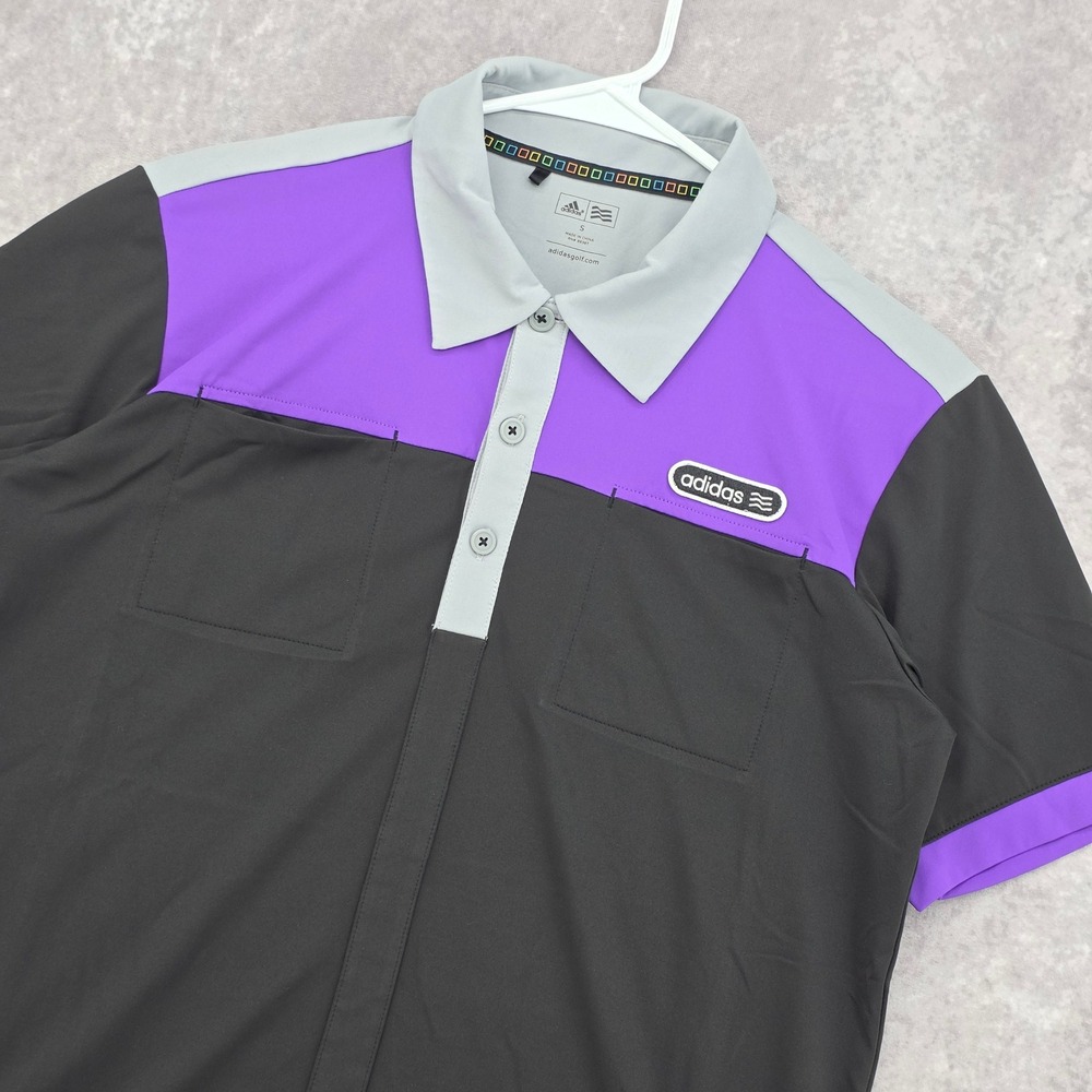 Adidas Golf Polo Shirt Mens Small Colorblock Black Purple Grey Performance